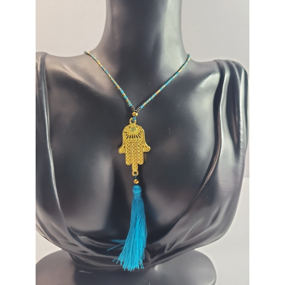 Gold Tone Hamsa Hand Blue Tassel Necklace Beaded Boho Evil Eye Protection - Picture 3 of 8